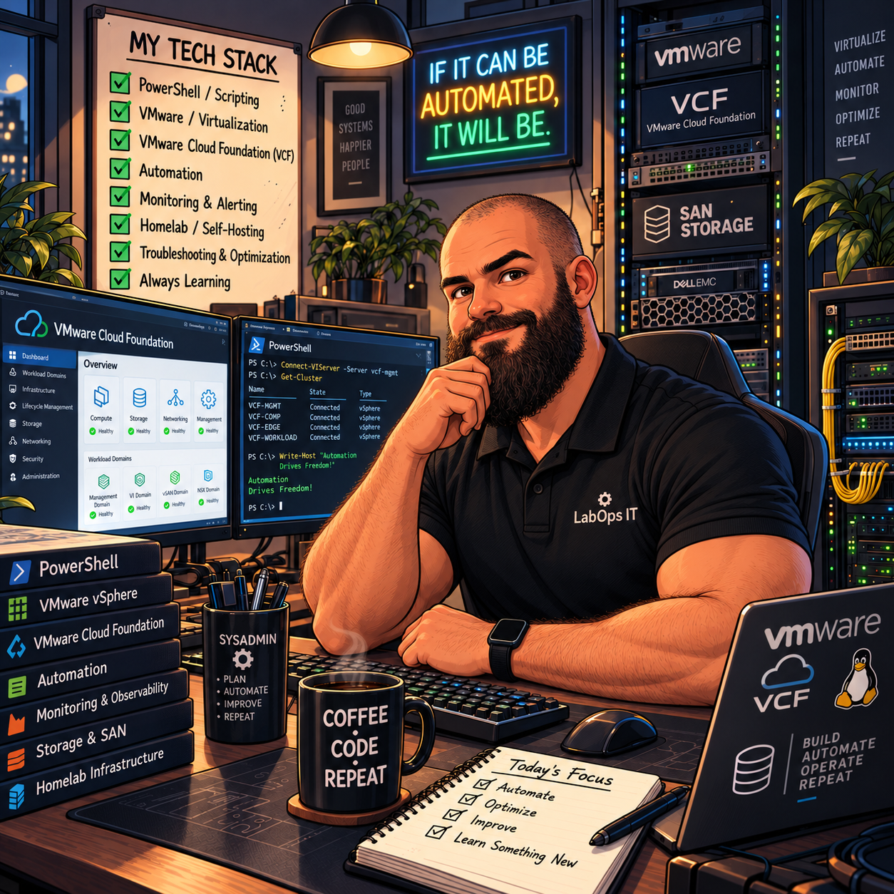 Illustrerad bild av Marc i ett tekniklabb med PowerShell, VMware, servrar, lagring och automation