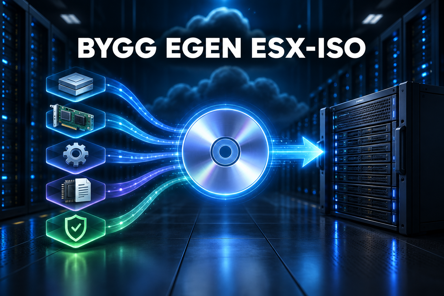En egen ESX-installations-ISO byggs av basimage, hårdvarutillägg, drivrutiner och integritetskontroll för en rackserver.