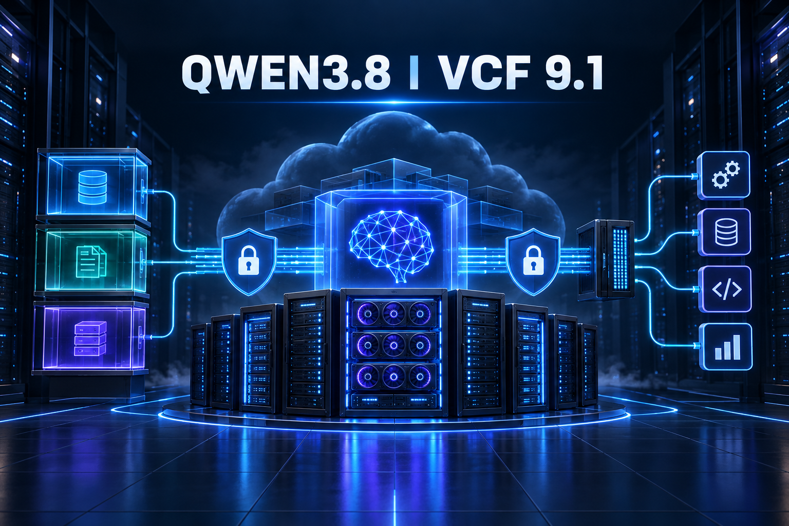Qwen3.8 i ett privat VCF-datacenter med GPU-servrar, skyddade datazoner och kontrollerade anslutningar till verktyg.