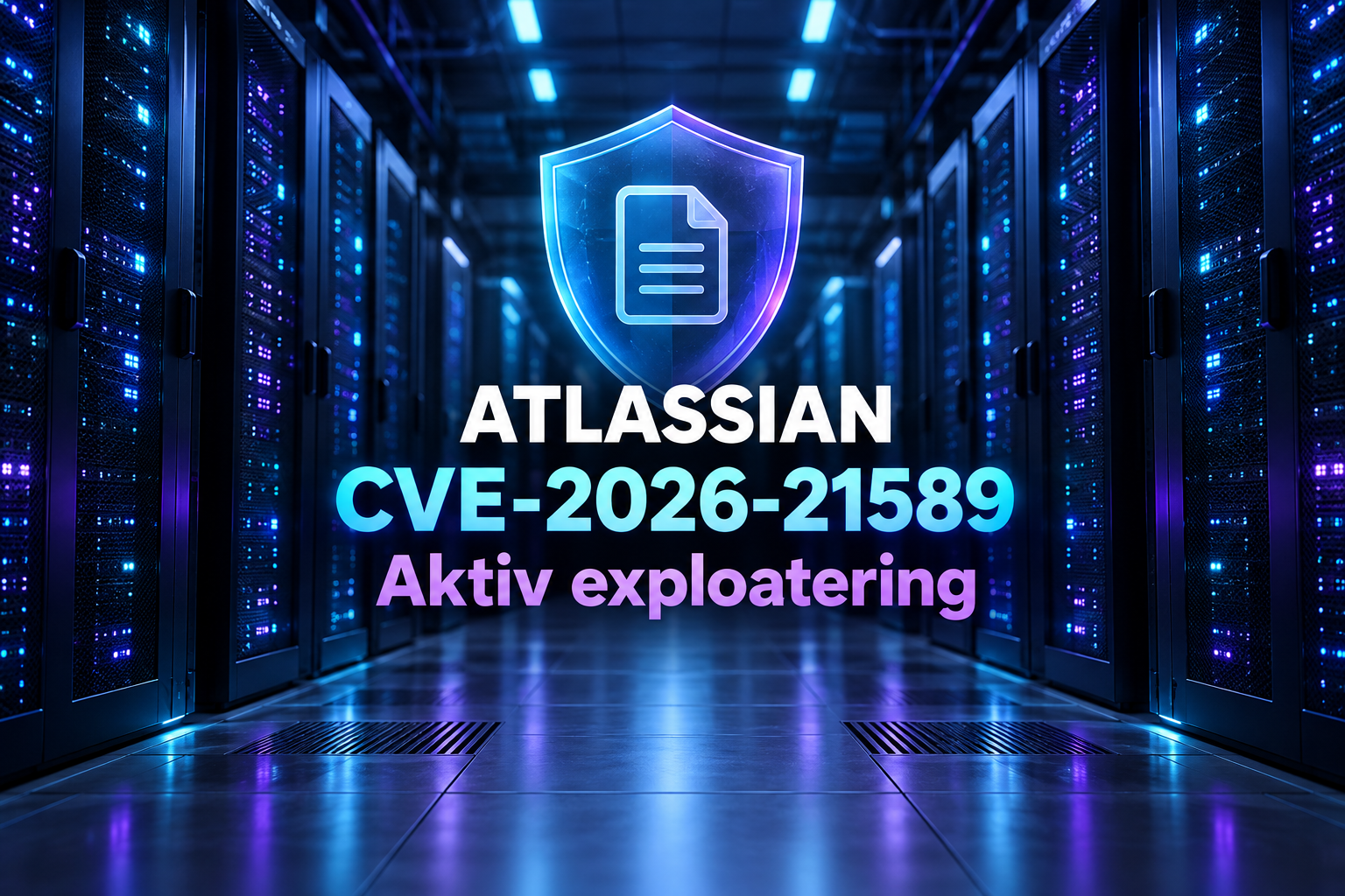 Atlassian och CVE-2026-21589 över en dokument- och skyddssymbol i en mörk datacentermiljö.