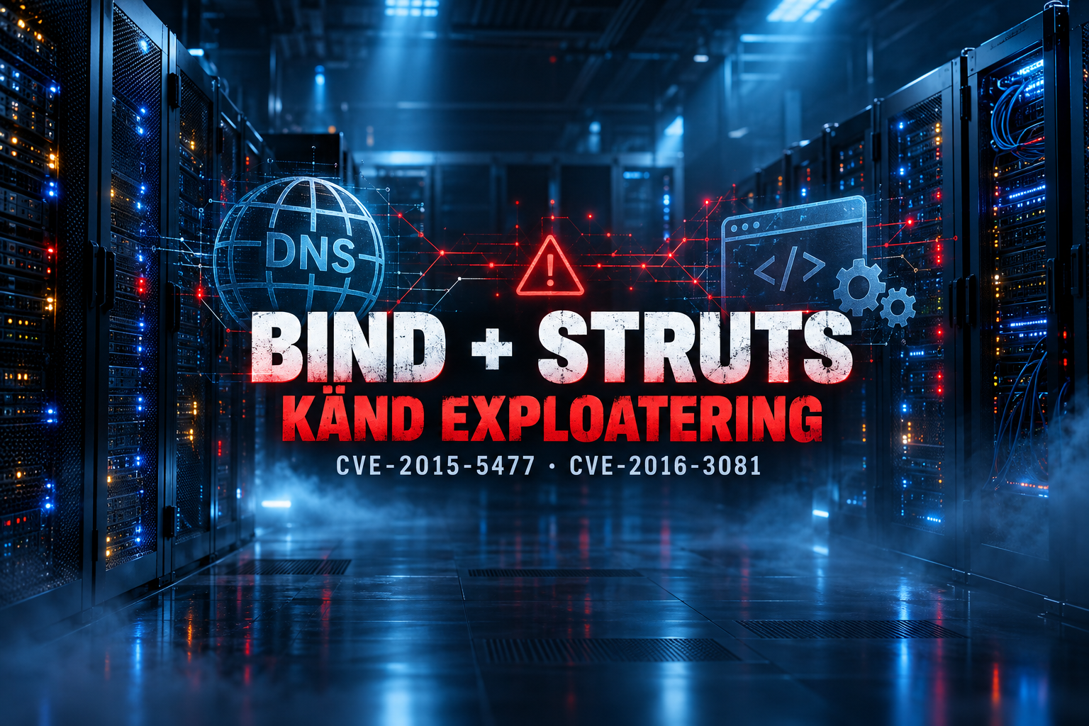 Filmiskt datacenter med DNS- och applikationsmotiv samt BIND, Struts och de två CVE-numren markerade som känd exploatering.