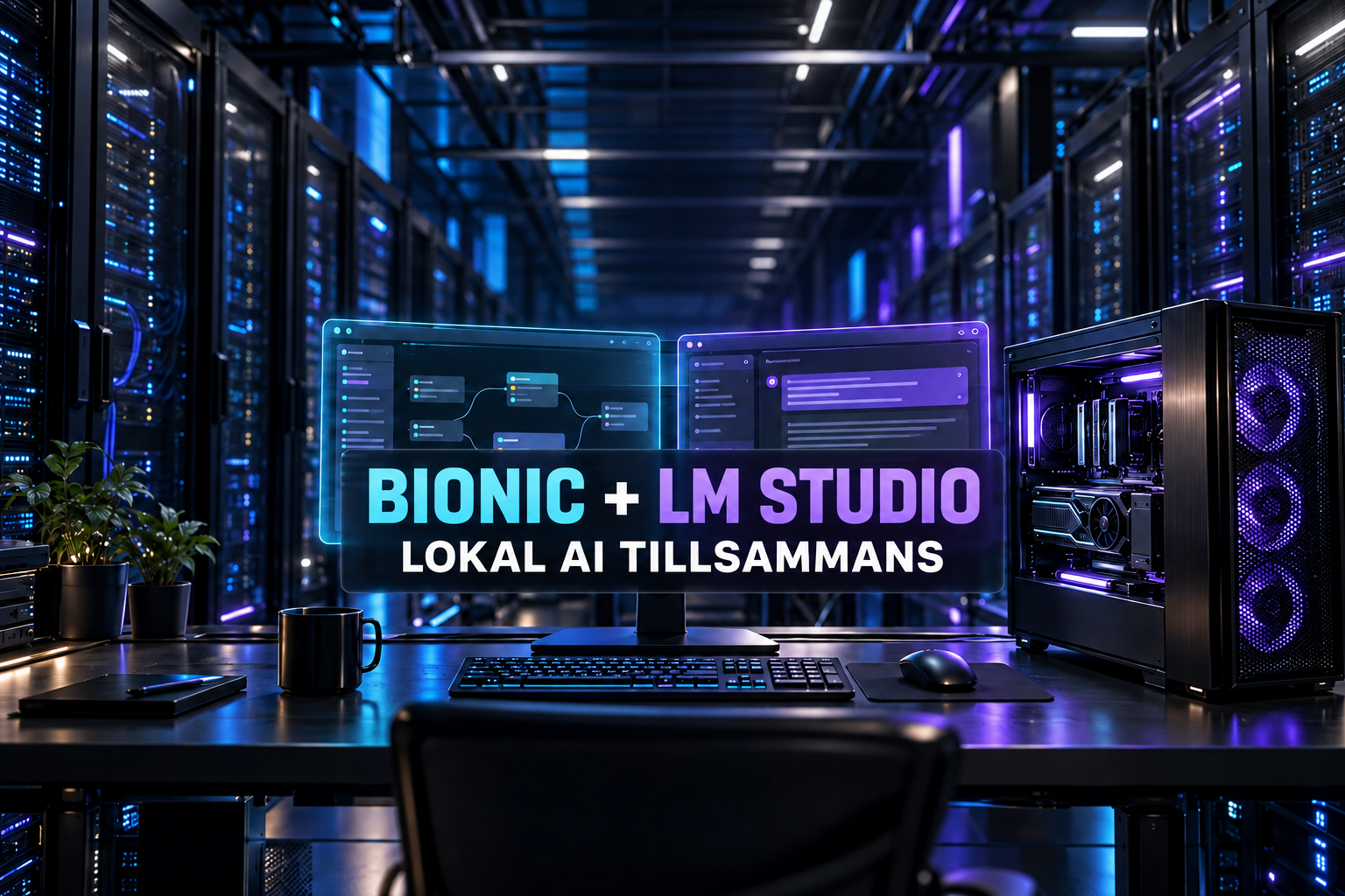 Filmiskt motiv av en lokal AI-arbetsstation och två symboliska mjukvarulager, med texten Bionic plus LM Studio, lokal AI tillsammans.