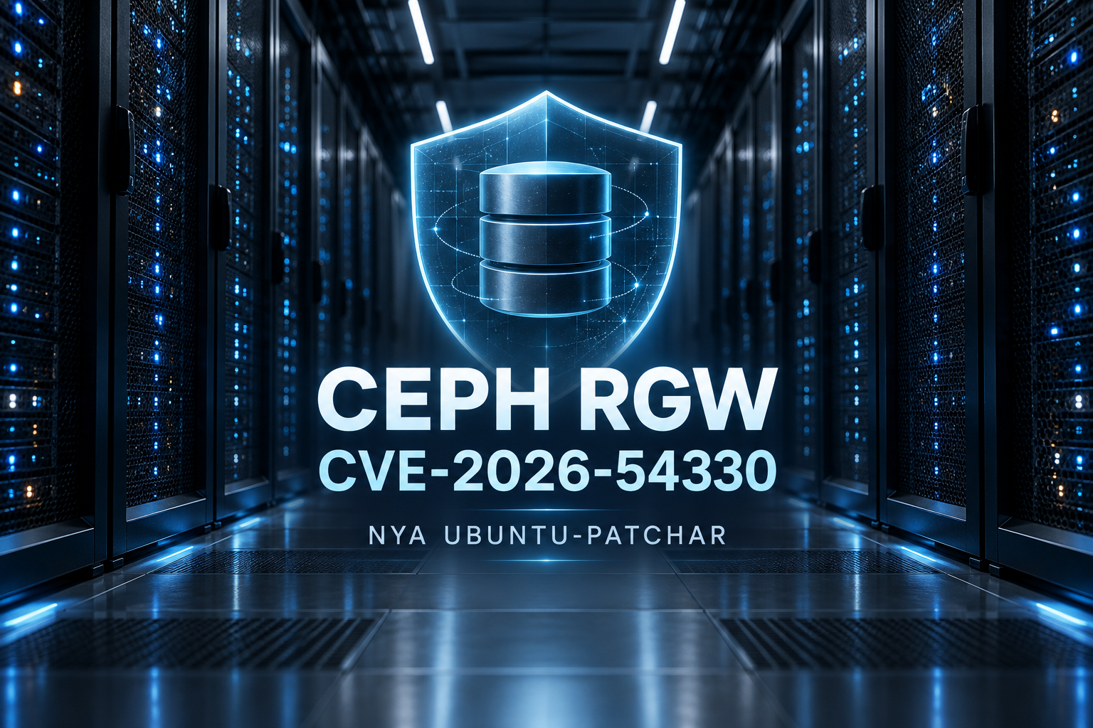 Illustration av objektlagring i ett mörkt datacenter med texten Ceph RGW, CVE-2026-54330 och nya Ubuntu-patchar.
