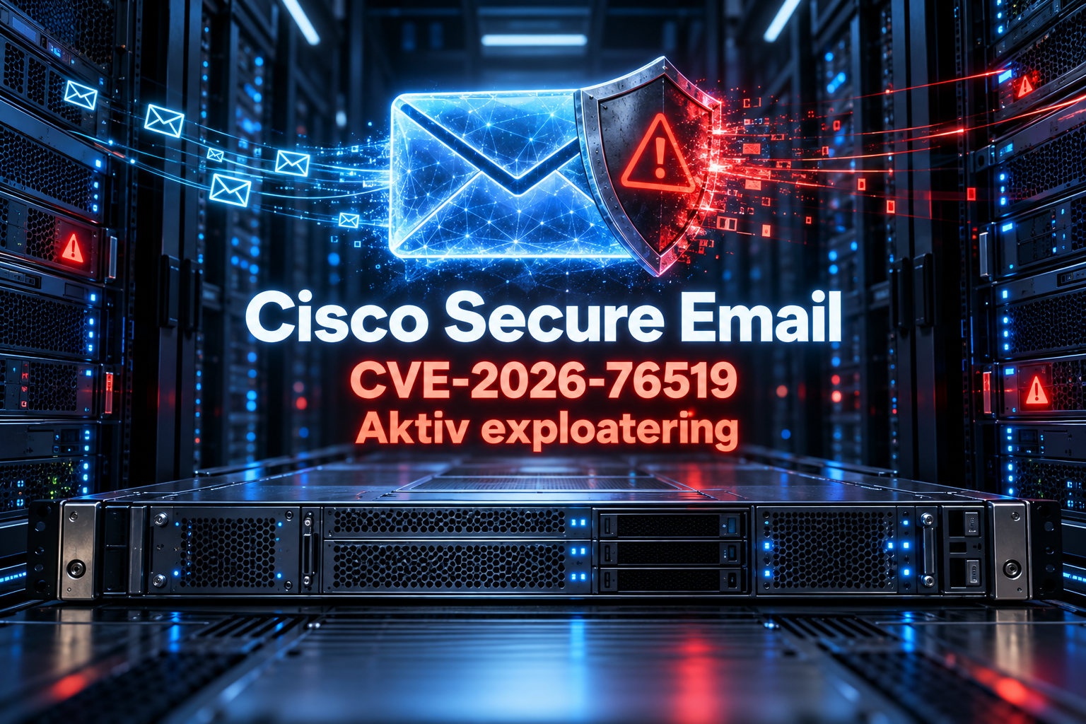 Filmiskt rack med e-post- och skyddssymbol, samt texten Cisco Secure Email, CVE-2026-76519, Aktiv exploatering.