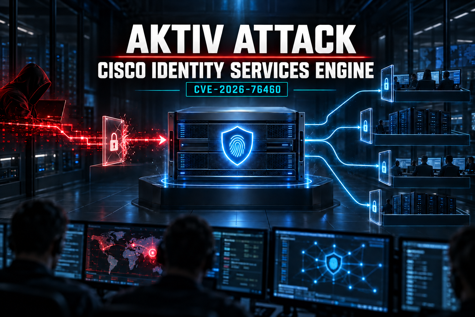 Rubriken Aktiv attack och CVE-2026-76460 ovanför en identitetstjänst där en röd attackväg kringgår en managementgrind.