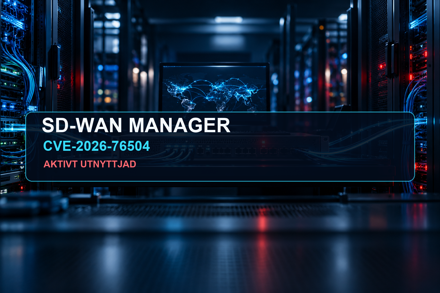 Mörkt datacenter med nätverksutrustning och rubrik om aktivt utnyttjad CVE-2026-76504 i SD-WAN Manager.
