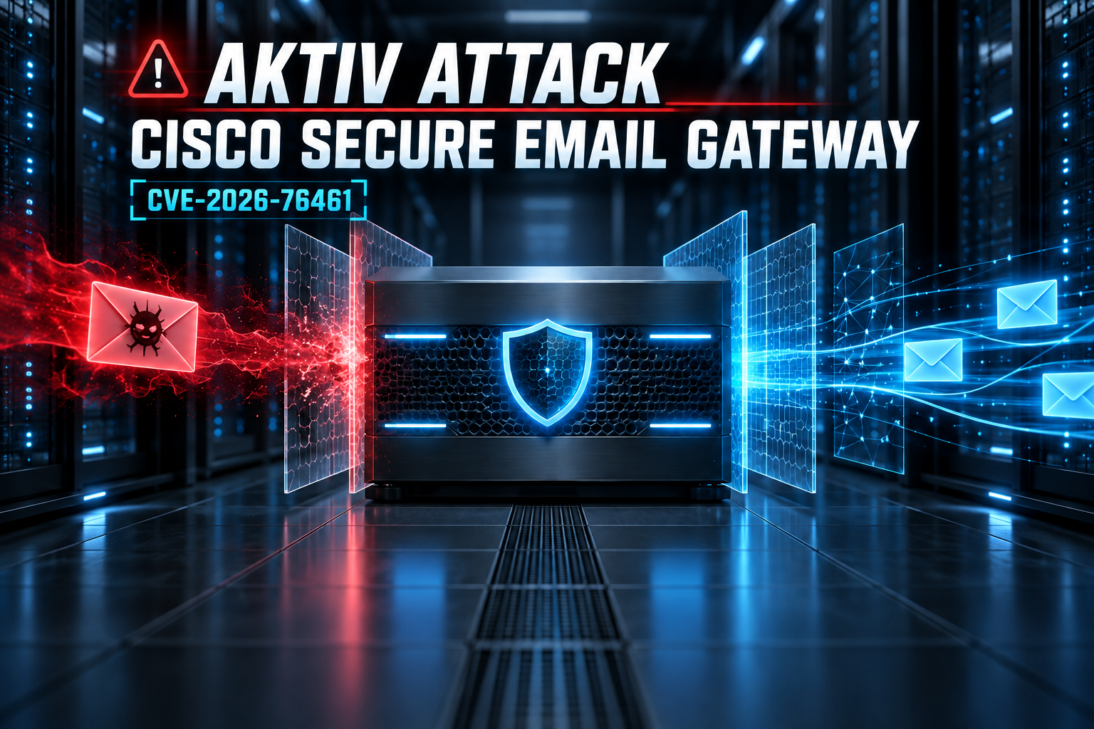 Illustration av ett skadligt e-postmeddelande som möter ett skyddat e-postgateway i ett serverrum.