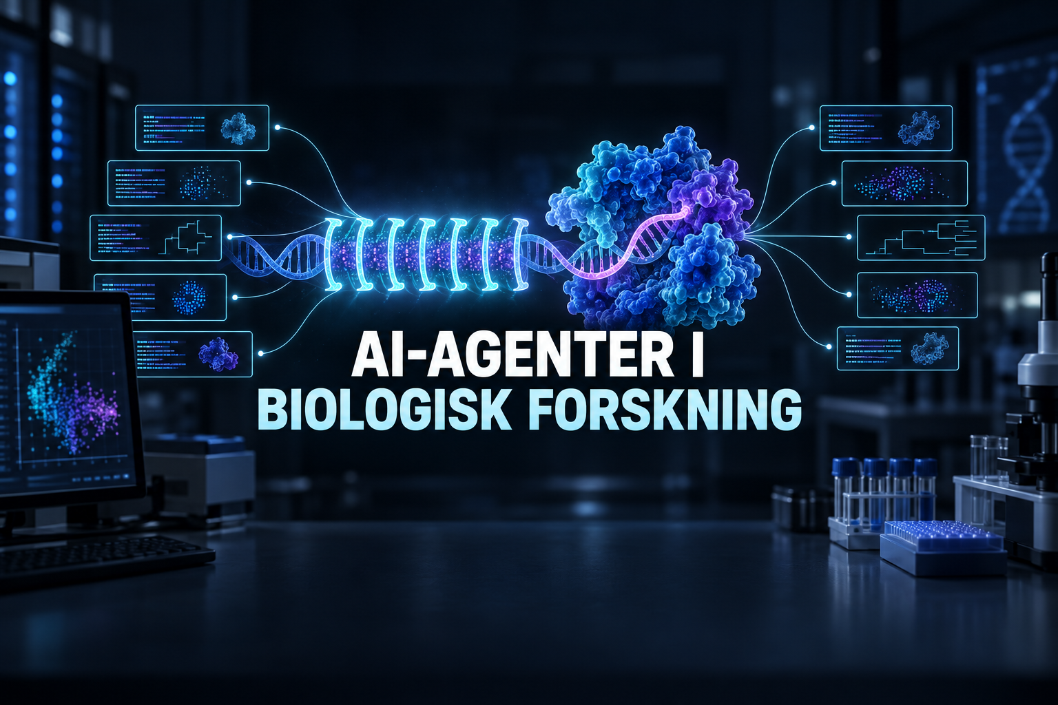 AI-agenter analyserar DNA-sekvenser och ett okänt enzymmönster i ett mörkt biologiskt laboratorium inför mänsklig verifiering.
