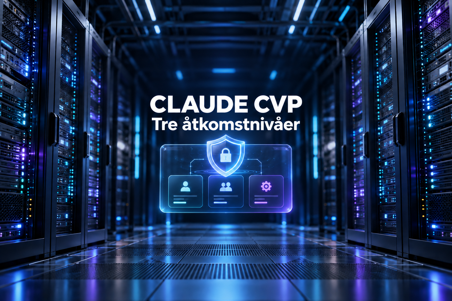 Datacentermiljö med en programvarupanel för Claude CVP och tre åtkomstnivåer.
