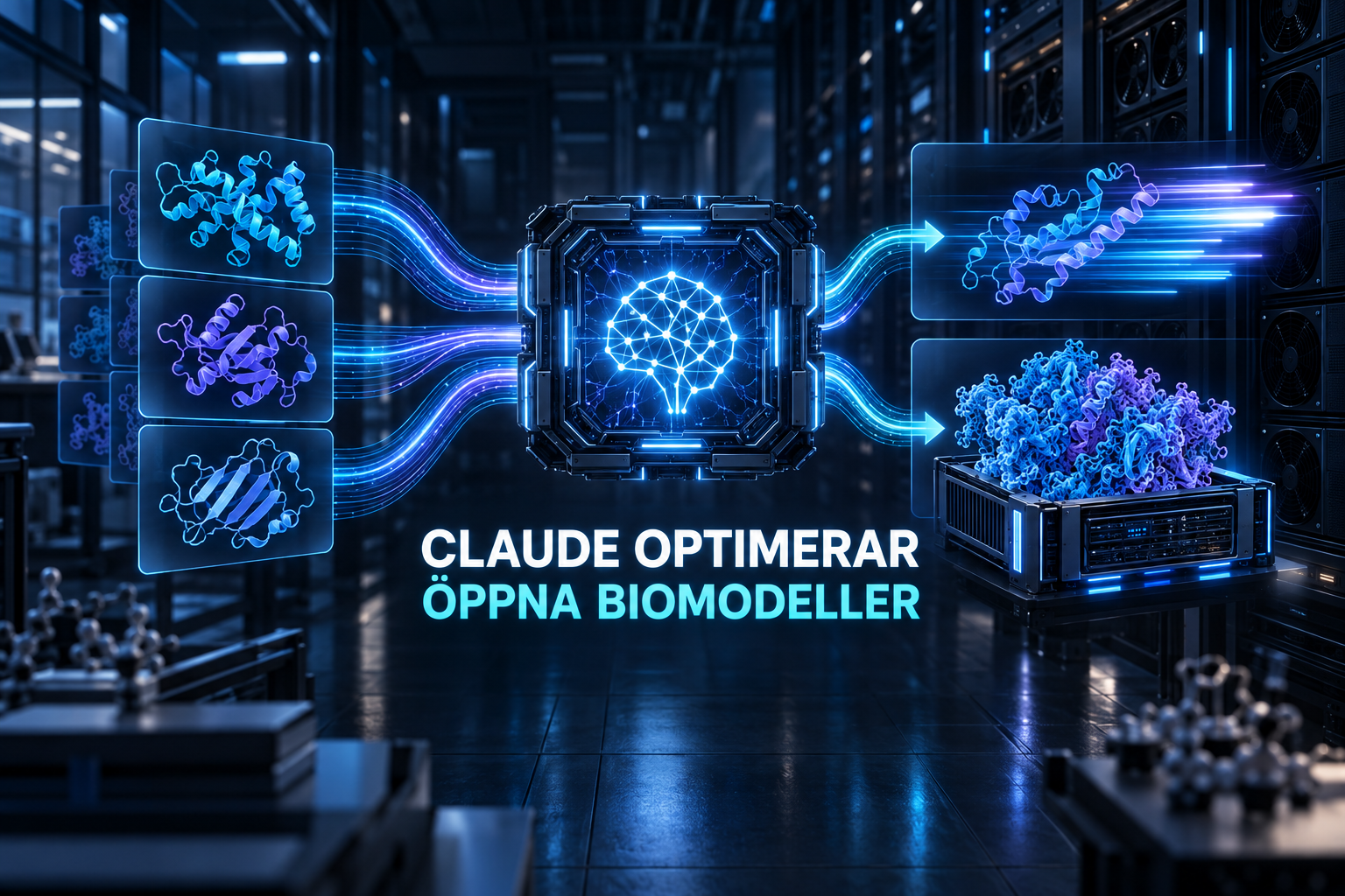 Öppna proteinmodeller passerar genom en central AI-optimeringsmotor till snabbare inferens och större molekylära system, med texten Claude optimerar öppna biomodeller.