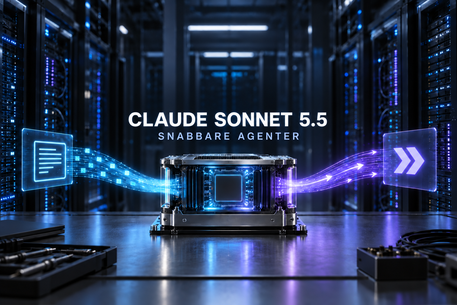 Claude Sonnet 5.5 i ett datacenter tar emot ett anrop och skickar resultat genom ett cyanblått och violett dataflöde.