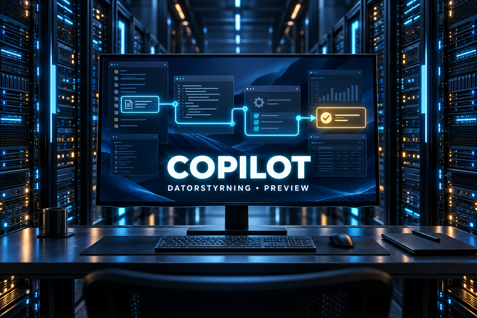 Mörk datacentermiljö med skrivbordsfönster och texten Copilot, datorstyrning och preview.