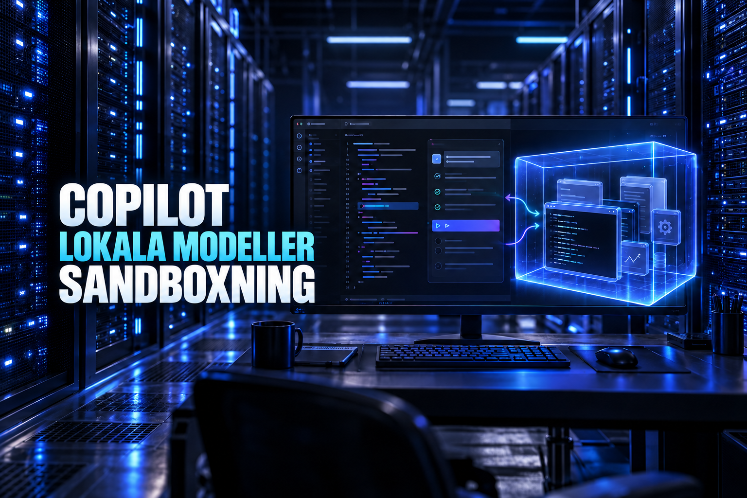 Filmiskt datacenter med Copilot-terminal och markerad verktygsgräns samt texten Copilot, lokala modeller och sandboxning.