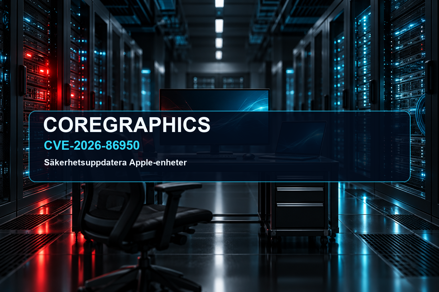 Datorer och mobil enhet i mörkt datacenter med rubrik om CoreGraphics CVE-2026-86950 och säkerhetsuppdatering.