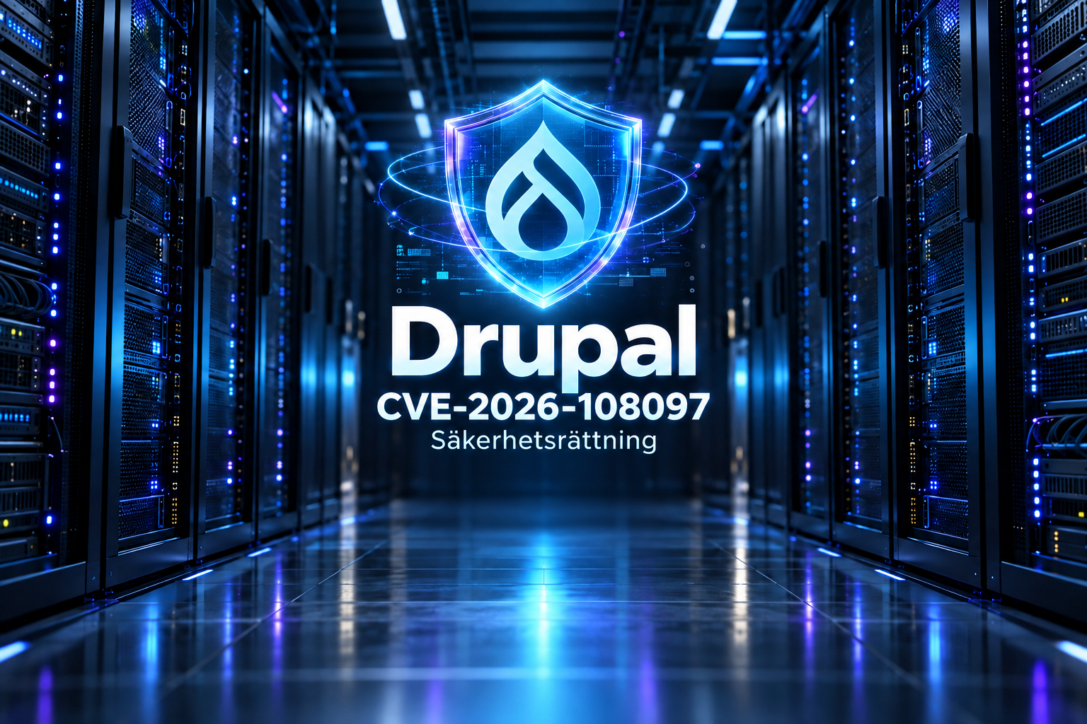 Filmiskt serverrack med skyddssymbol och texten Drupal, CVE-2026-108097, Säkerhetsrättning.