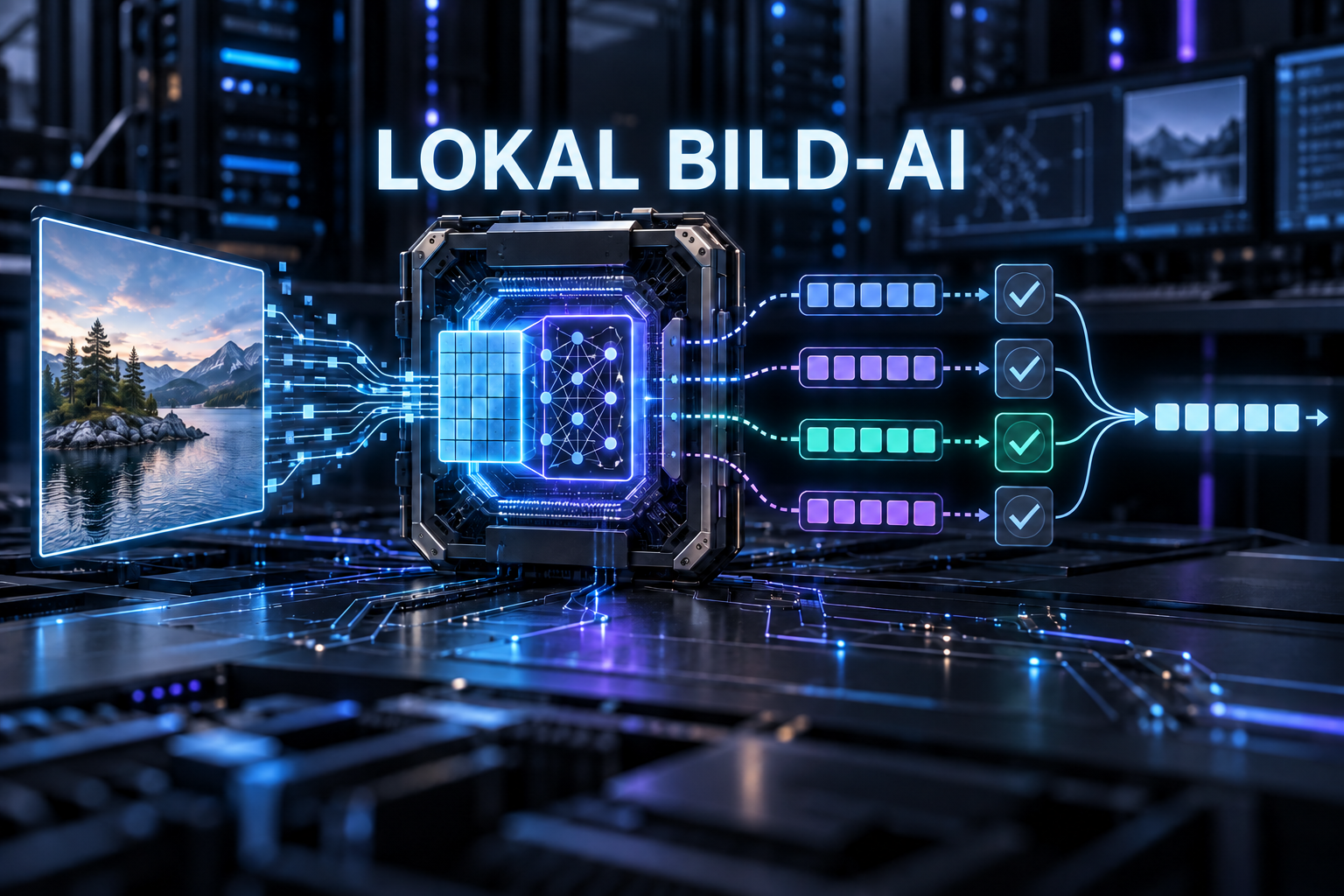 Lokal bildmodell tar emot en bild och verifierar parallella tokenförslag innan ett svar skickas ut.