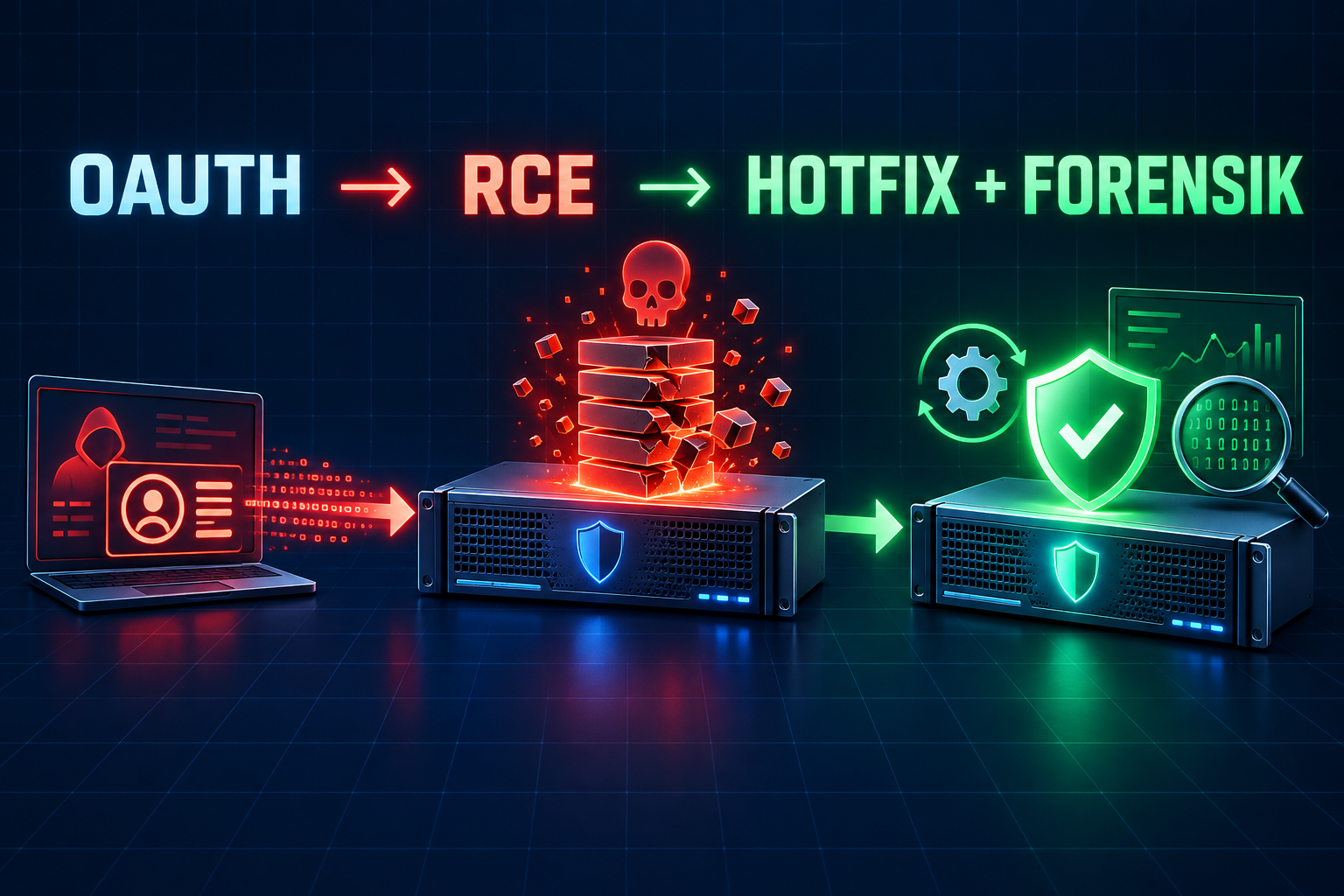Diagram över hur en skadlig OAuth-begäran leder till fjärrkodskörning och bemöts med hotfix och forensisk kontroll.