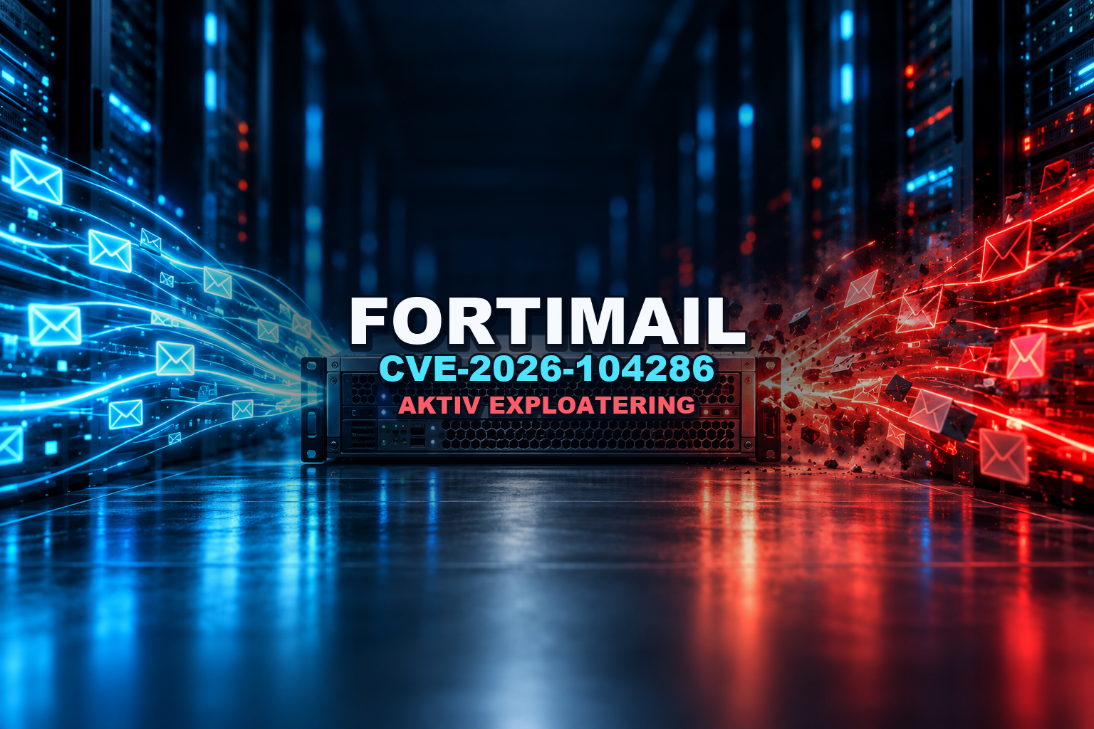 FortiMail-gateway i mörkt datacenter med blått e-postflöde, röda riskmarkeringar och rubrik om CVE-2026-104286.