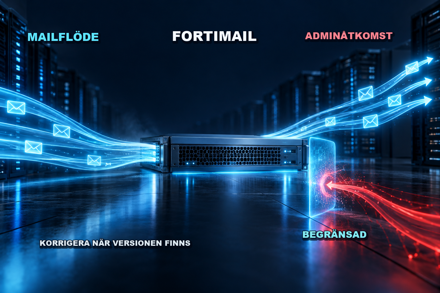 Blått e-postflöde passerar FortiMail medan röd administrationsåtkomst stoppas vid ett åtkomstfilter.