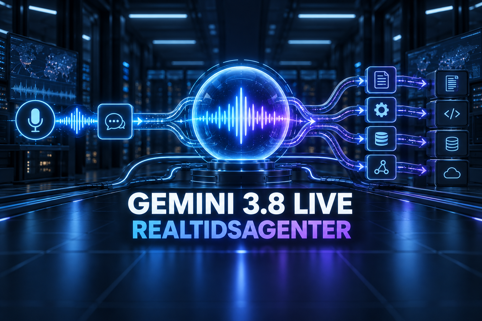 En central ljudvåg kopplar en mikrofon till parallella verktygsflöden, med rubriken Gemini 3.8 Live Realtidsagenter.