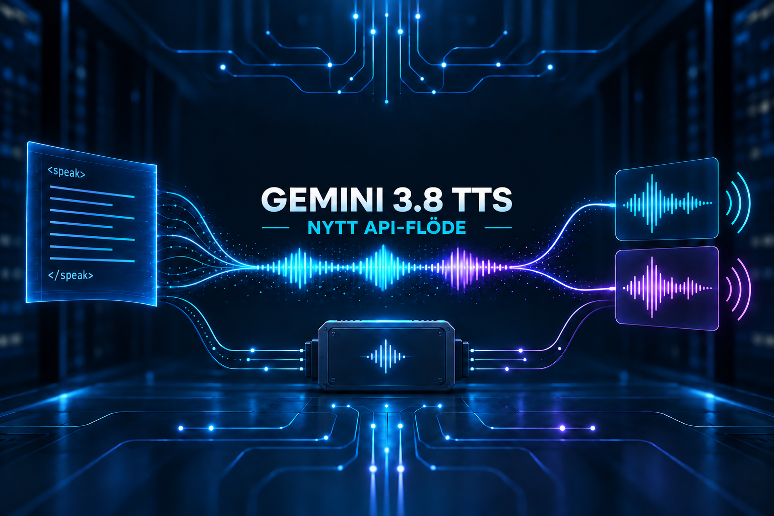 Gemini 3.8 TTS omvandlar strukturerad text till två syntetiska röstvågformer under rubriken Nytt API-flöde.