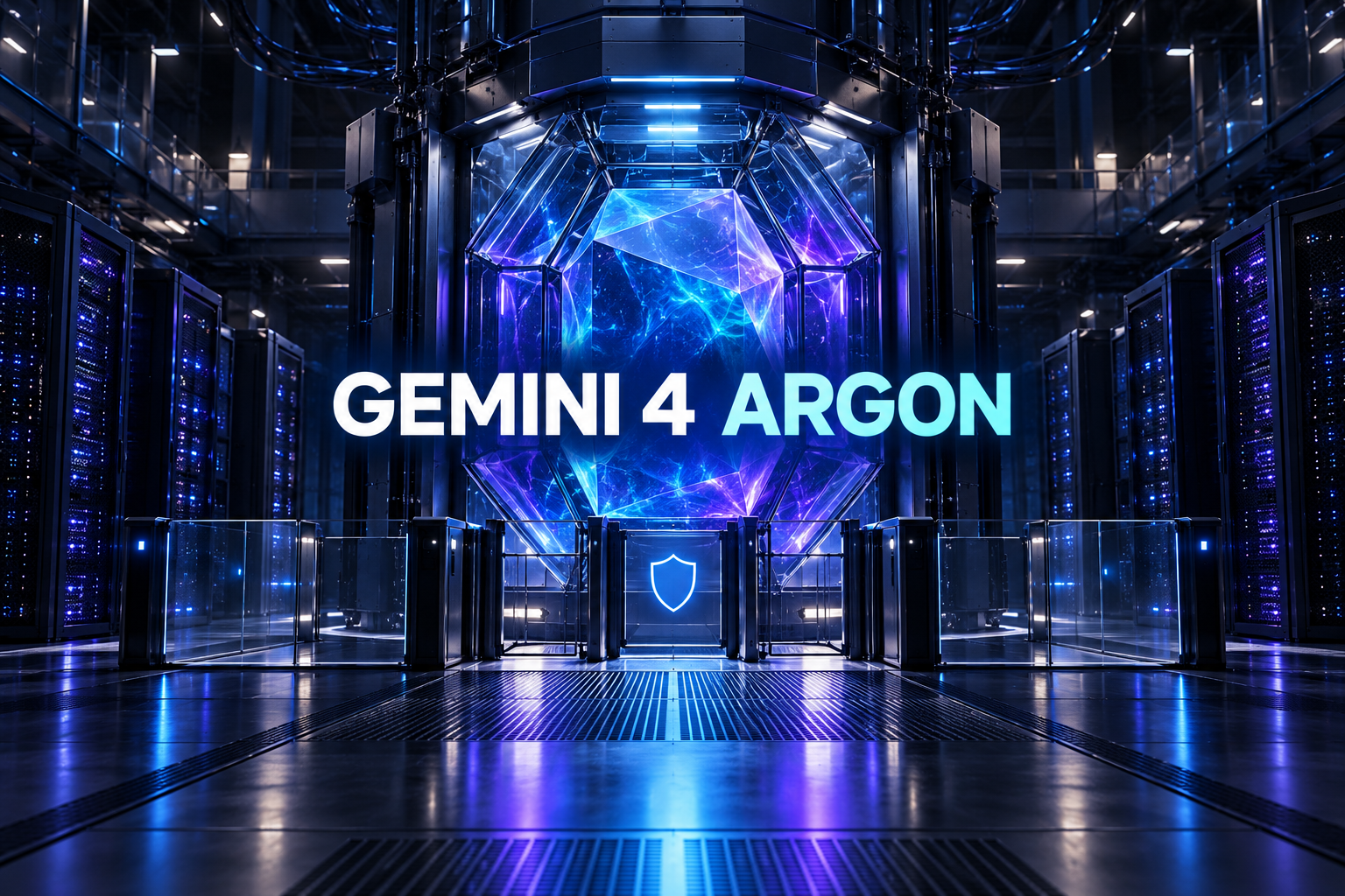 Mörkt datacenter med en central ljussatt beräkningskammare och rubriken Gemini 4 Argon.