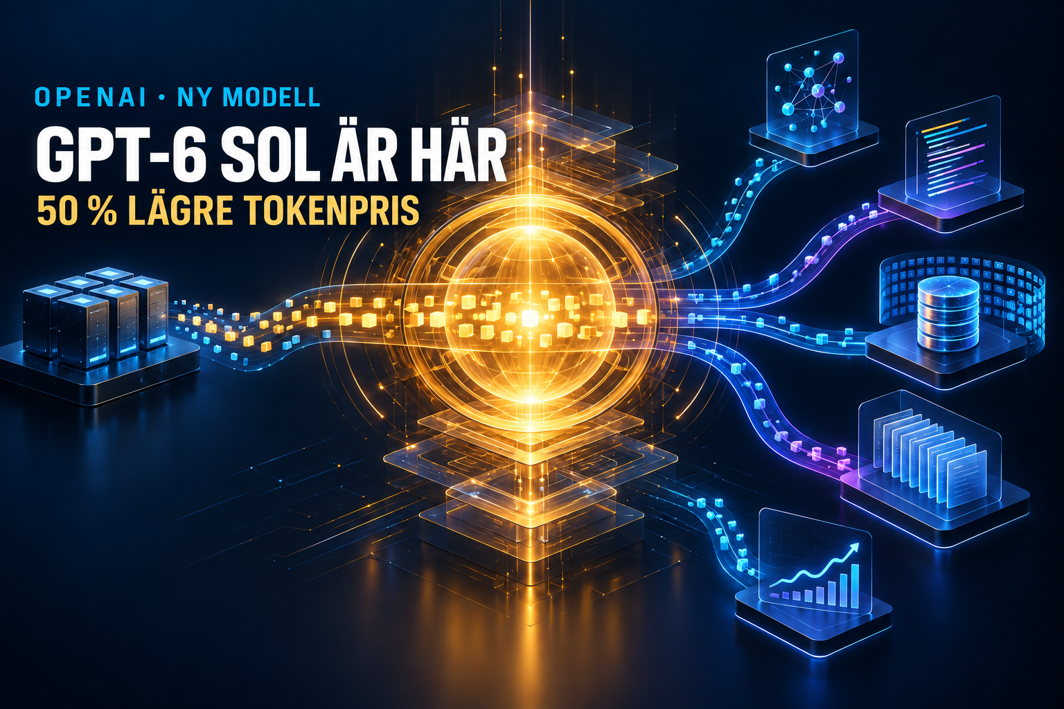 Huvudbild med rubriken GPT-6 Sol är här och 50 procent lägre tokenpris framför en gyllene AI-kärna och sammankopplade verktyg.