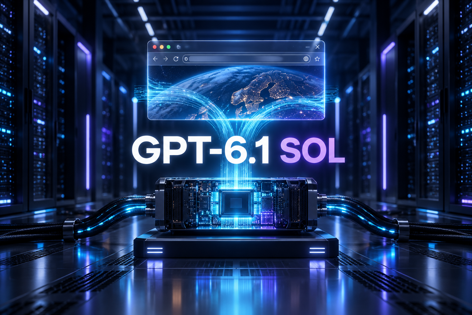 Mörkt datacenter med central AI-beräkningsmodul och värdhanterad webbläsare under rubriken GPT-6.1 Sol.