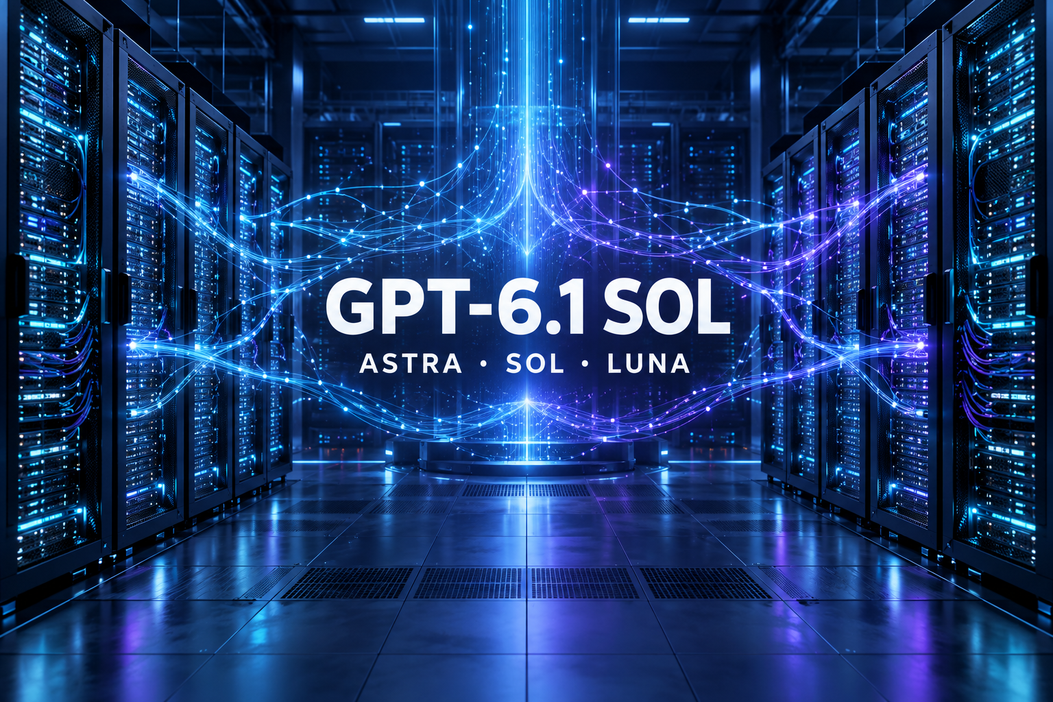 Datacentermotiv med sammankopplade ljusbanor och rubriken GPT-6.1 Sol samt Astra, Sol och Luna. Bilden är en illustration av modelljämförelsen.