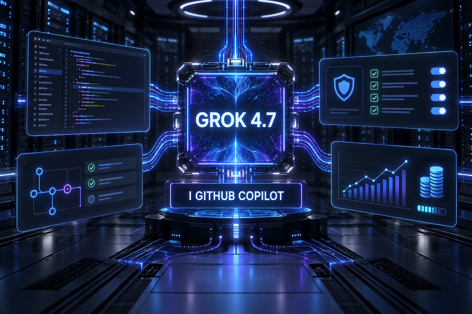 Mörk teknisk illustration där Grok 4.7 kopplas till kodverktyg, säkerhetspolicy och kostnadsuppföljning i GitHub Copilot.