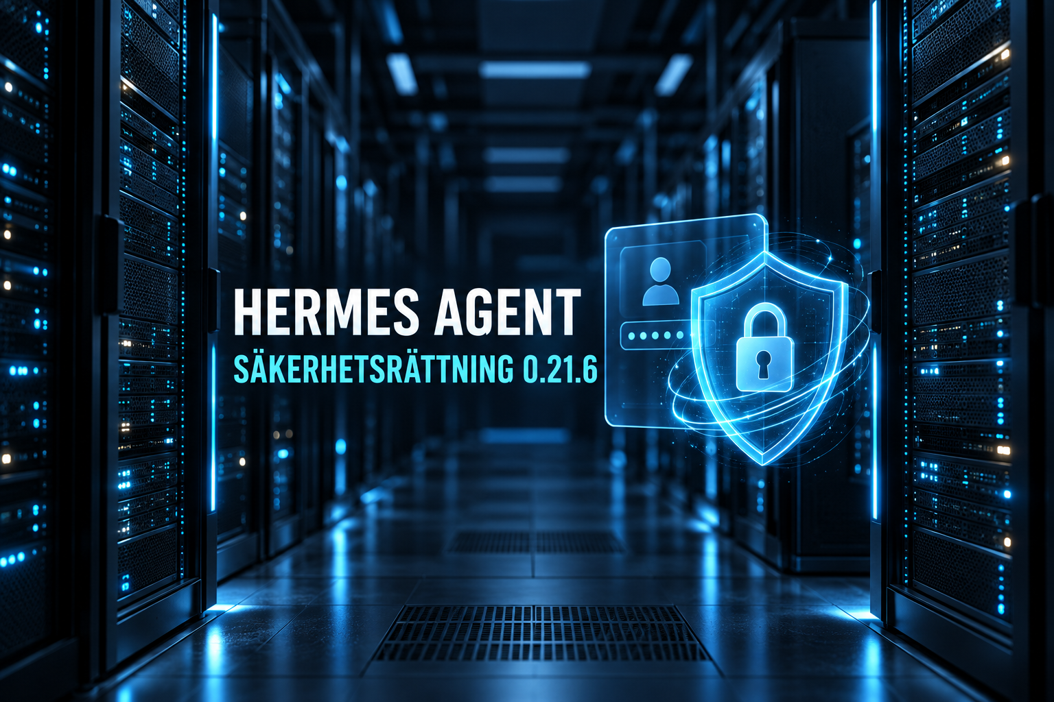 Filmiskt datacentermotiv med en symbolisk autentiseringsgräns och texten Hermes Agent, säkerhetsrättning 0.21.6.