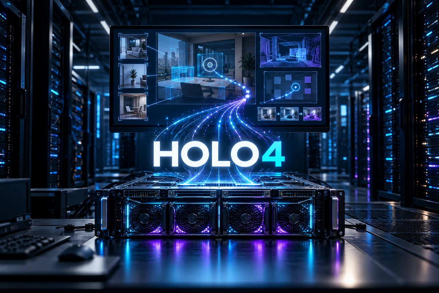 Mörkt datacenter med lokal AI-server och skärm som visualiserar en datorstyrande Holo4-agent.