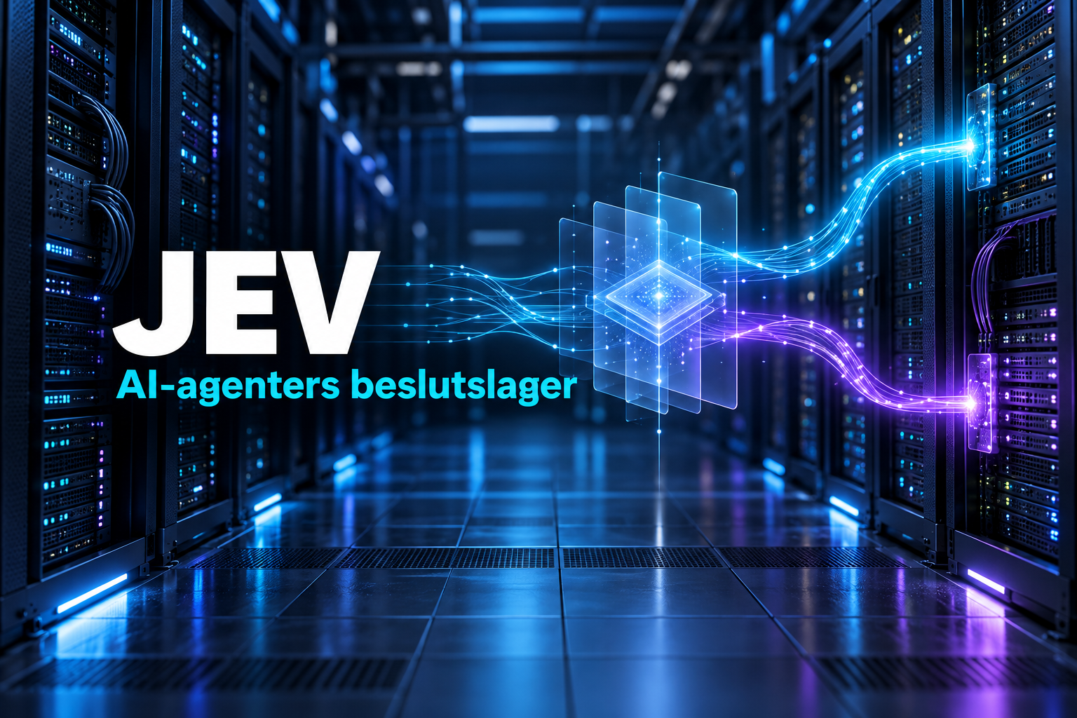 Datacenterrack med ett illustrerat beslutslager som delar ett AI-flöde i två vägar och rubriken JEV – AI-agenters beslutslager.