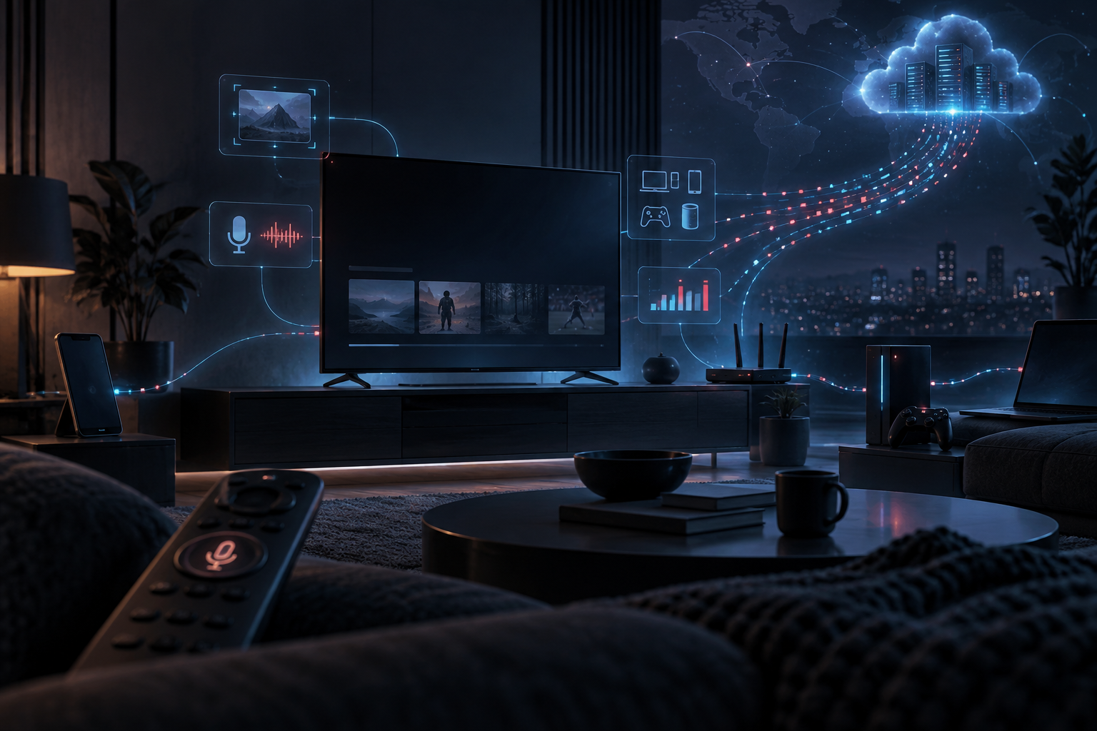 En smart-TV kartlägger telefon, dator, spelkonsol och router medan data skickas vidare till en molntjänst.