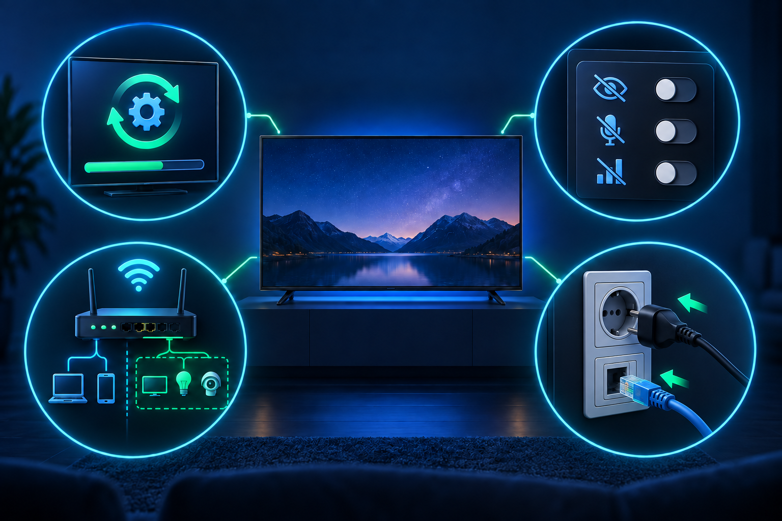 Fyra skydd runt en smart-TV visar firmwareuppdatering, avstängda datainsamlingsfunktioner, separat IoT-nät och frånkopplad ström och nätverkskabel.