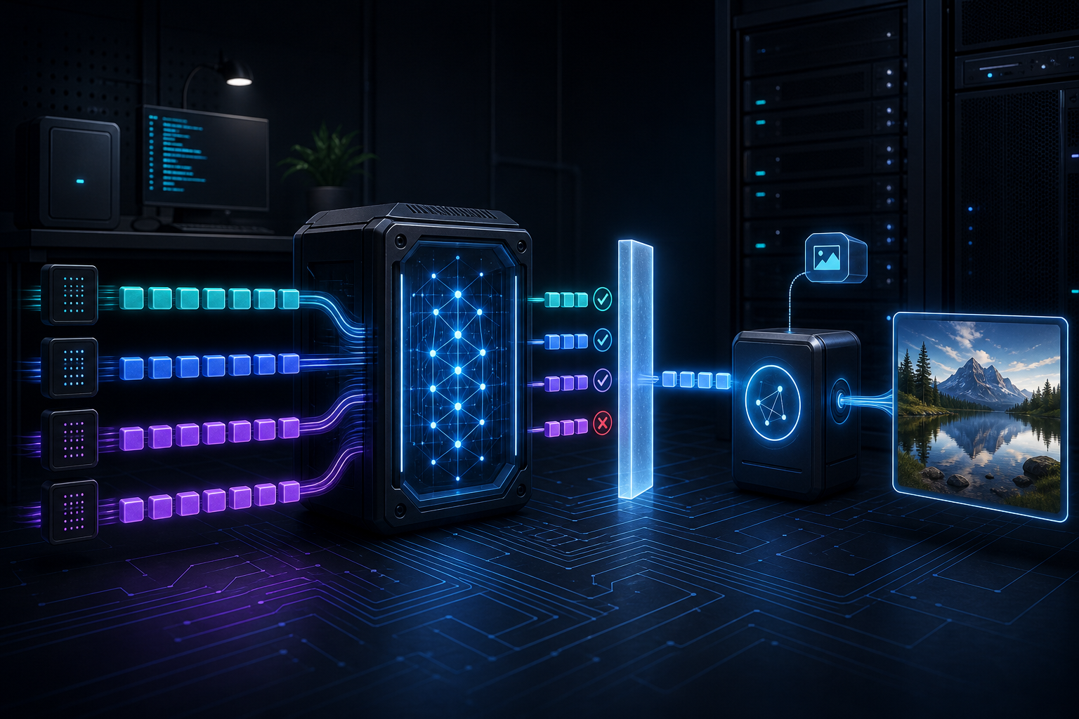 Lokal AI-server där parallella tokenförslag verifieras innan en agent skickar ett bildresultat från ett verktyg.