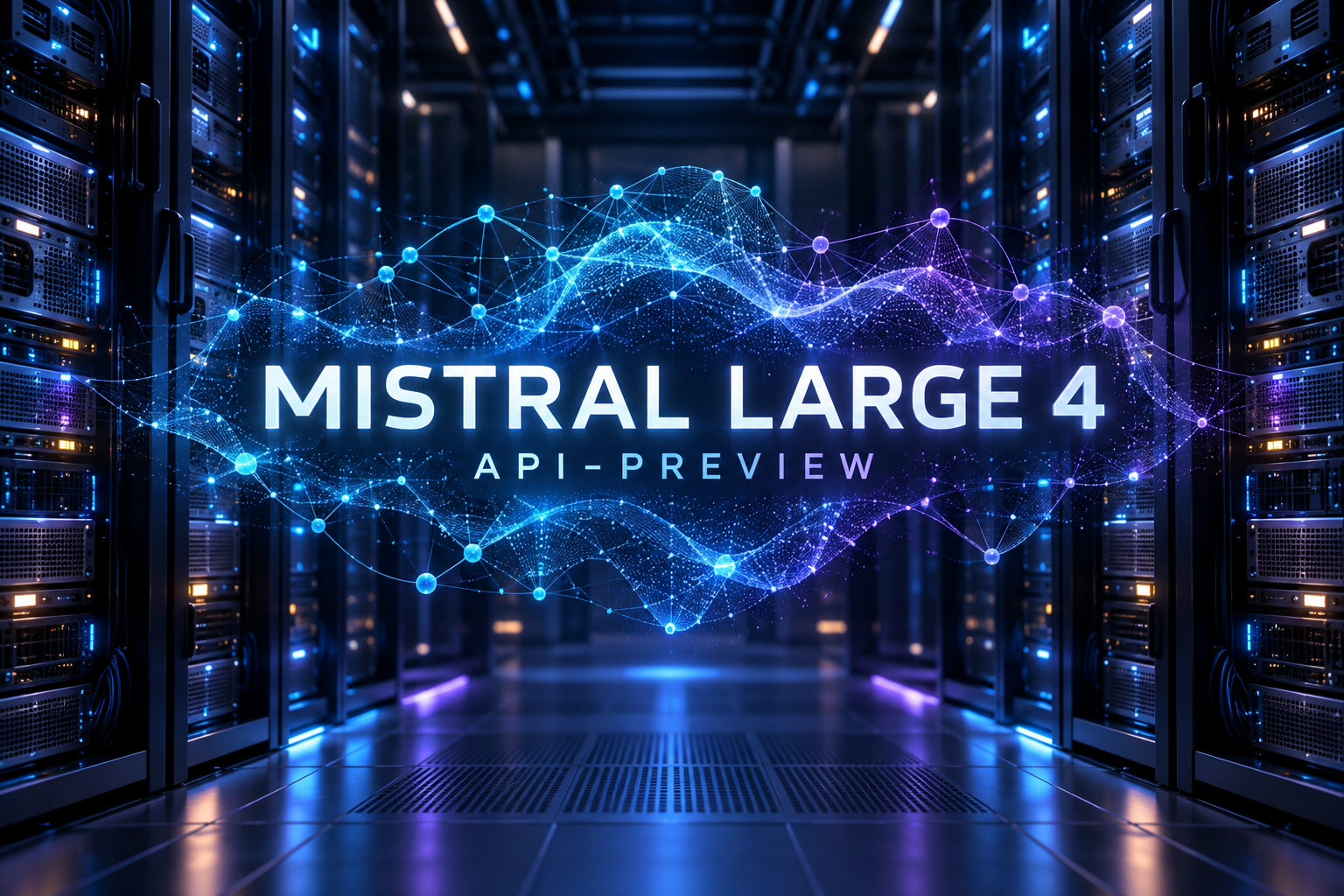 Filmiskt GPU-datacenter med konceptuell modellöverlagring och texten Mistral Large 4, API-preview.