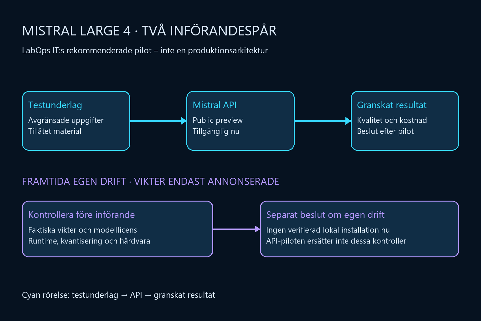 API-pilot går från testunderlag via Mistral API till granskat resultat. Egen drift är ett separat framtida spår med kontroller av vikter, licens och hårdvara.