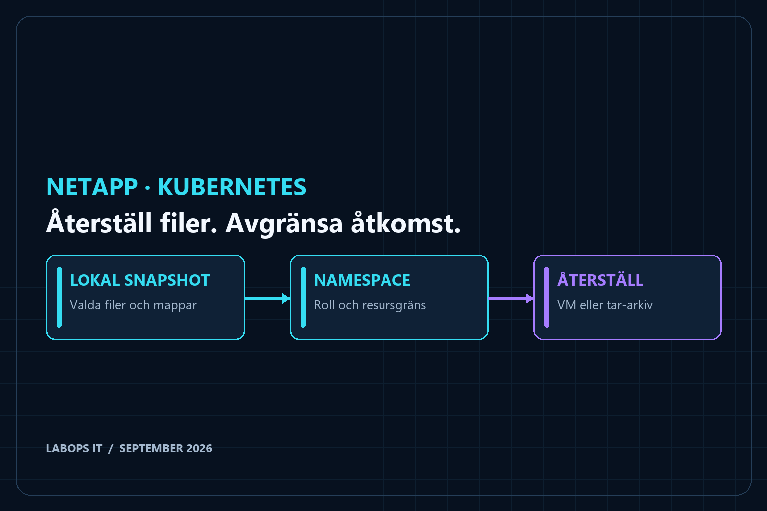 NetApp Kubernetes-backup med avgränsad namespaceåtkomst och enskilda filer från snapshot till virtuell maskin.