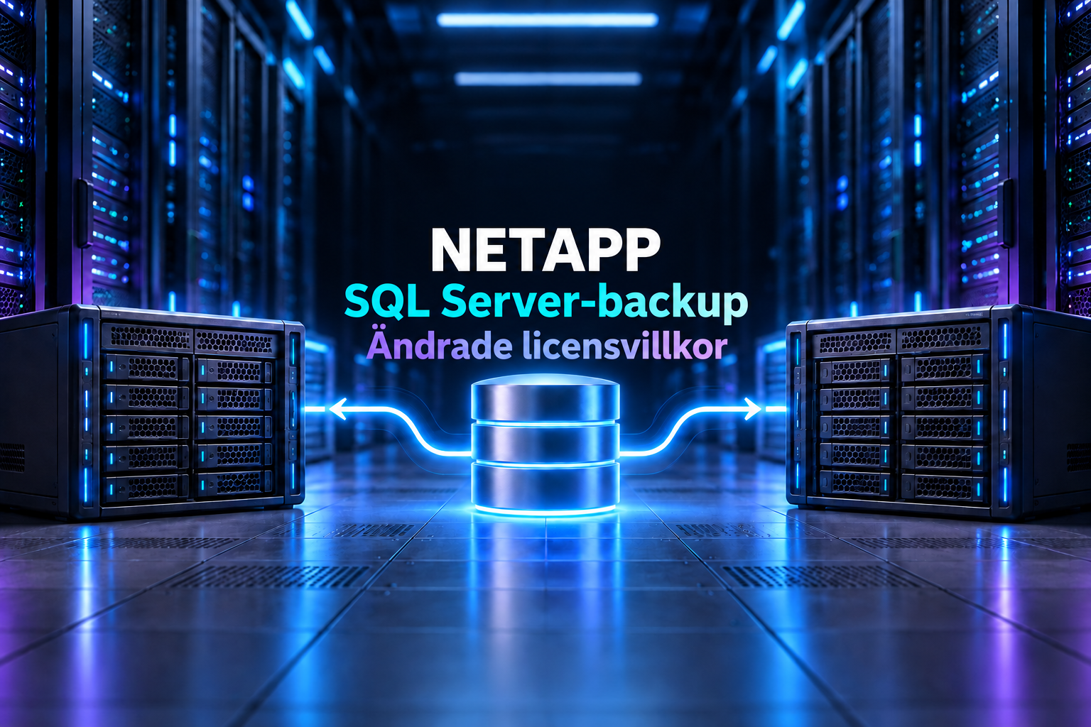 SQL Server-backup och ändrade licensvillkor illustrerade med databassymbol och lagringssystem i ett mörkt datacenter.