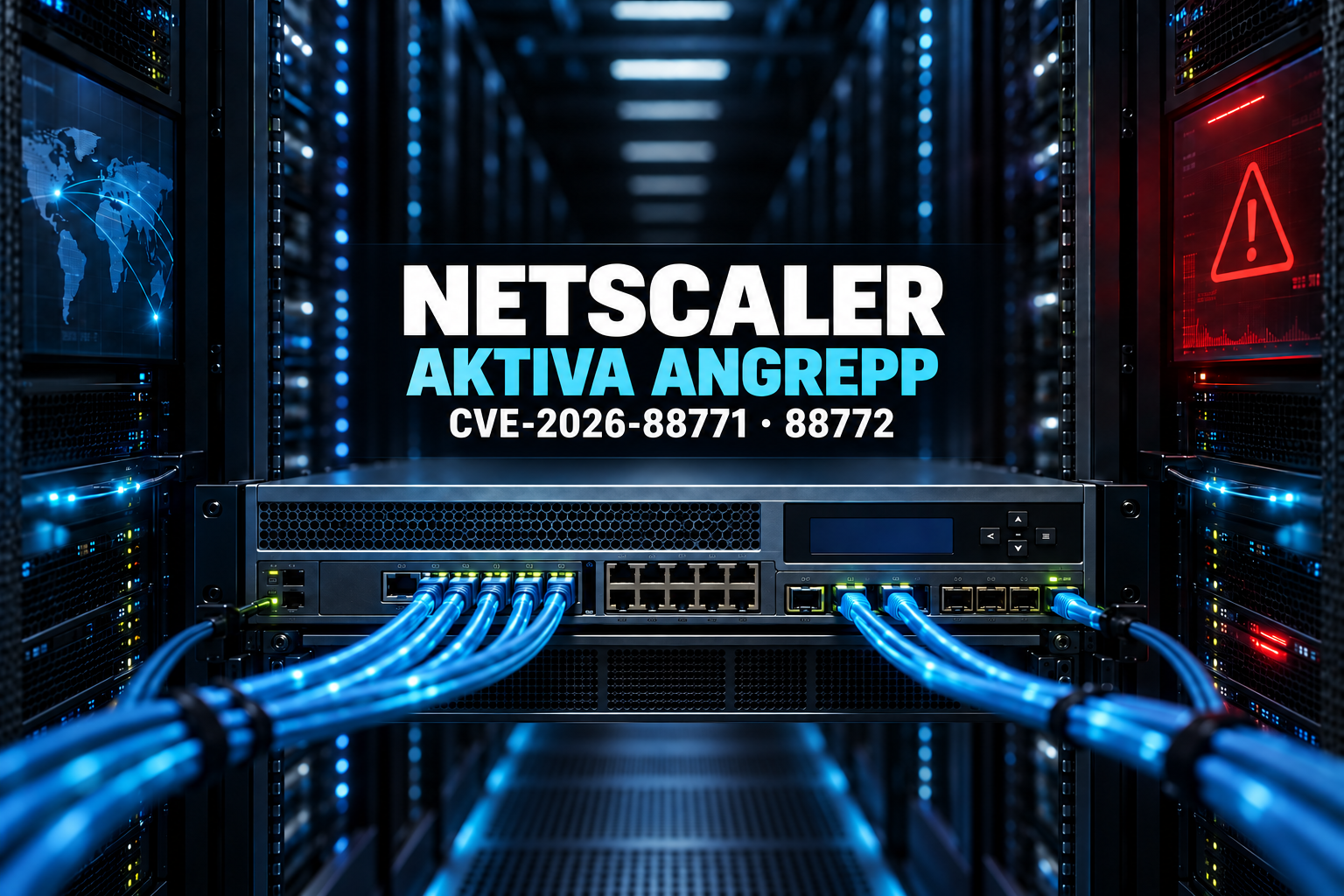 Nätverksnod i mörkt datacenter med blå kablar, röd riskmarkering och text om aktiva angrepp mot NetScaler CVE-2026-88771 och 88772.
