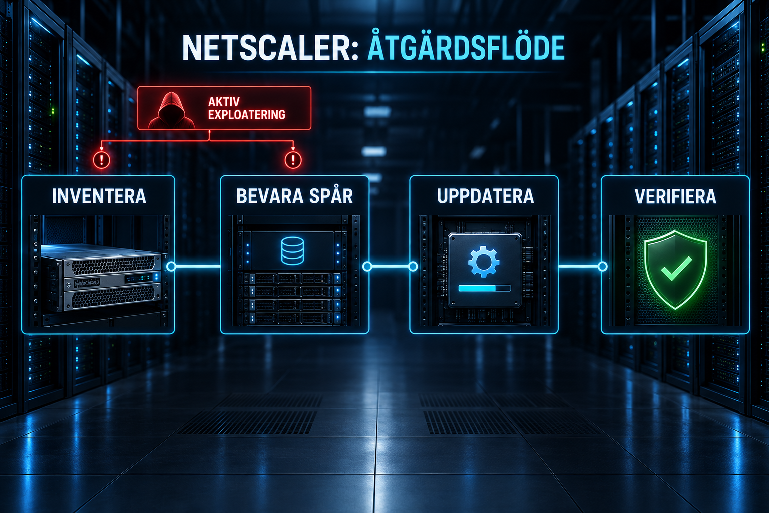 NetScaler-flöde i fyra steg: inventera, bevara spår, uppdatera och verifiera. Aktiv exploatering markeras som risk.