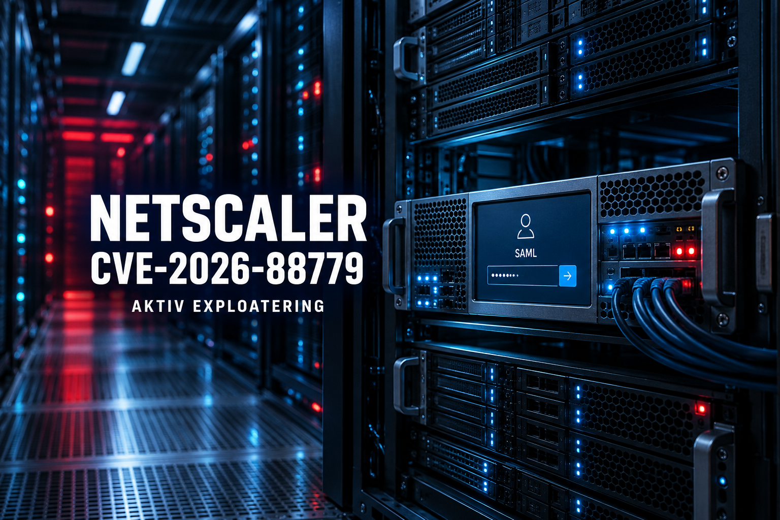 NetScaler-gateway i mörkt datacenter med ämnesrubrik om CVE-2026-88779 och aktiv exploatering.