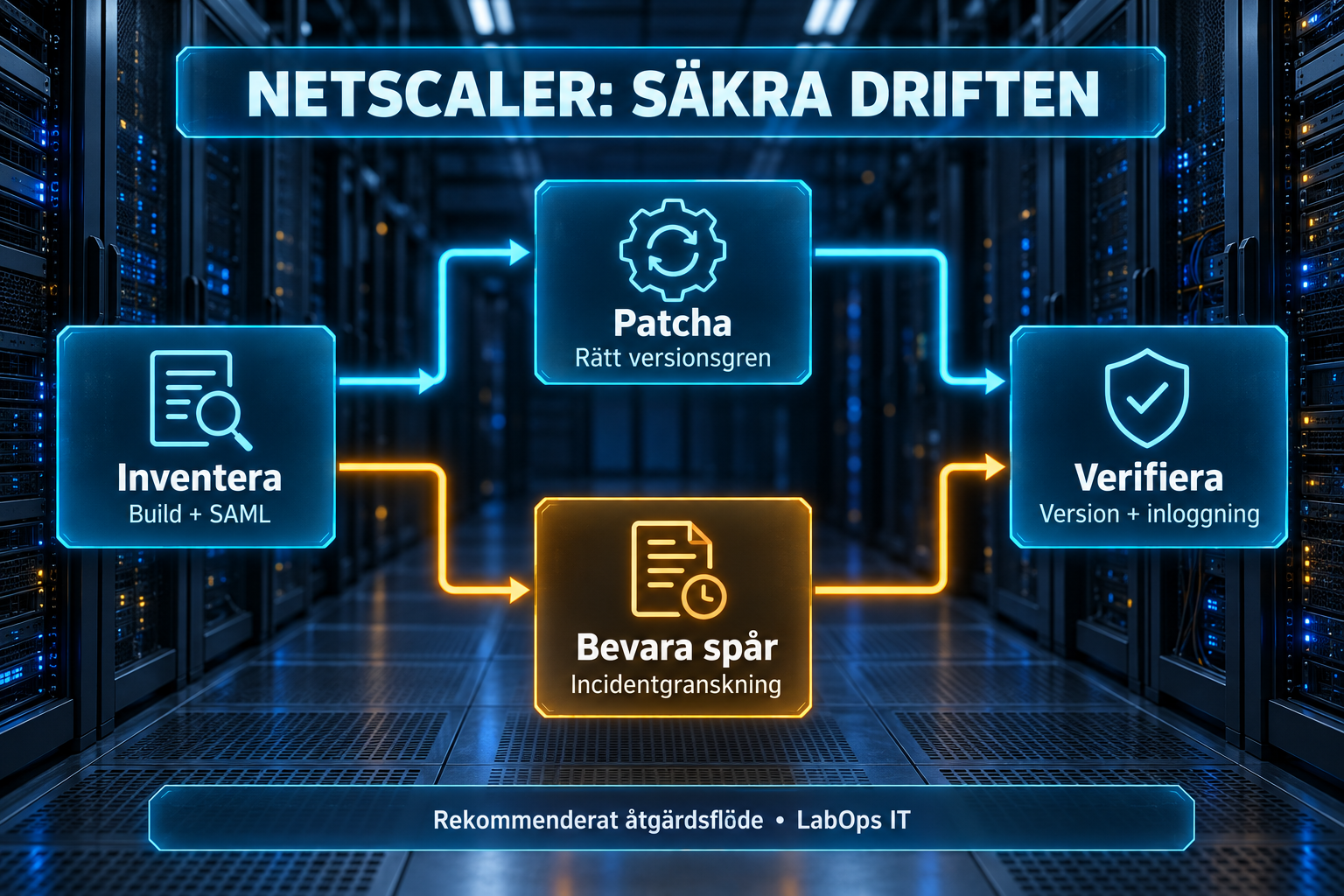 Åtgärdsflöde från inventering av NetScaler och SAML via parallell patchning och spårbevarande till verifierad drift.