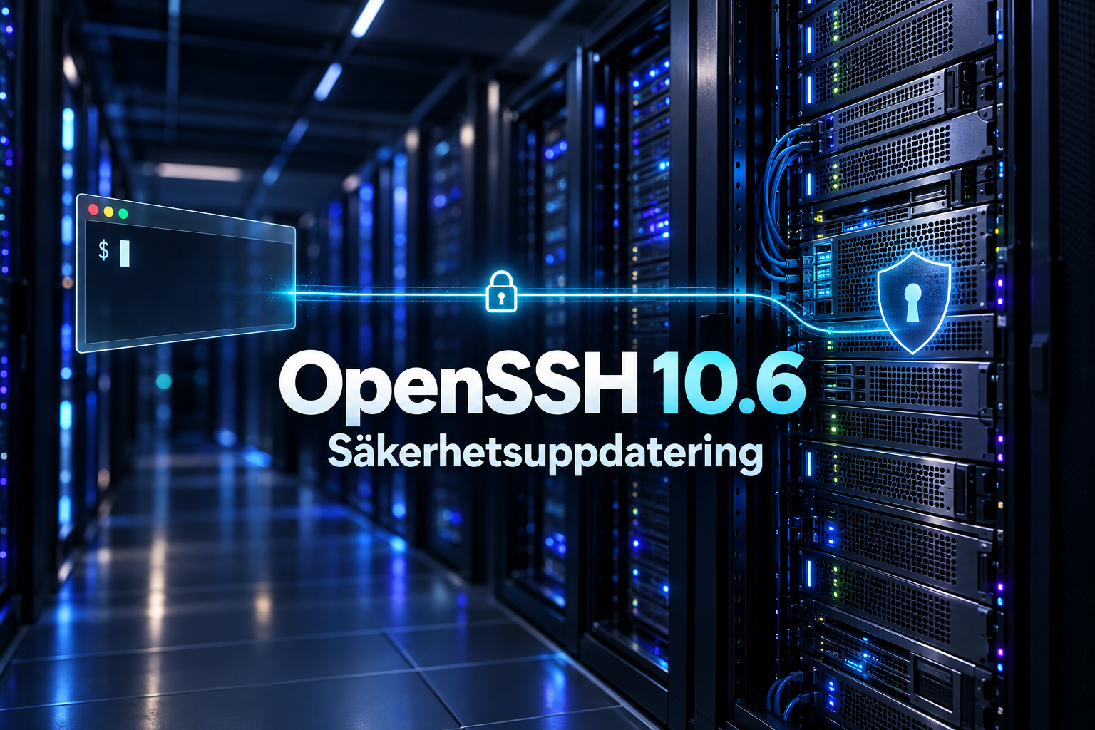 OpenSSH 10.6 som säker terminalanslutning över realistiska datacenterrack, med rubriken Säkerhetsuppdatering.