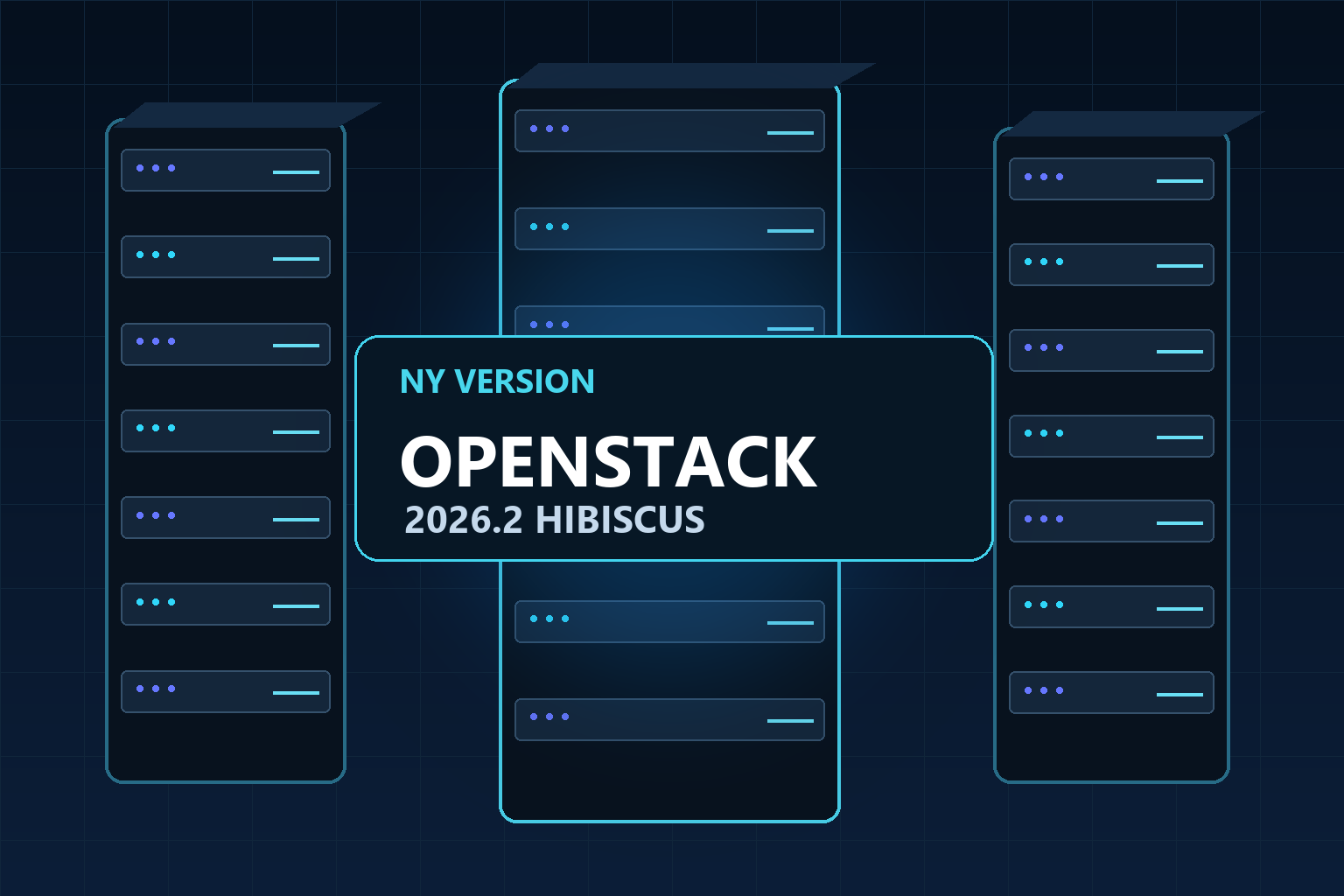 Tre serverrack i mörkt datacenter med ämnesrubriken OpenStack 2026.2 Hibiscus i mitten.