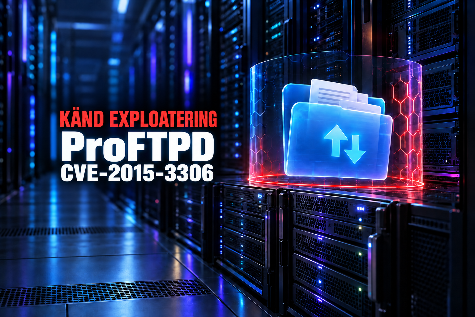 Datacenter med filöverföring och skyddsgräns, märkt ProFTPD, känd exploatering och CVE-2015-3306.