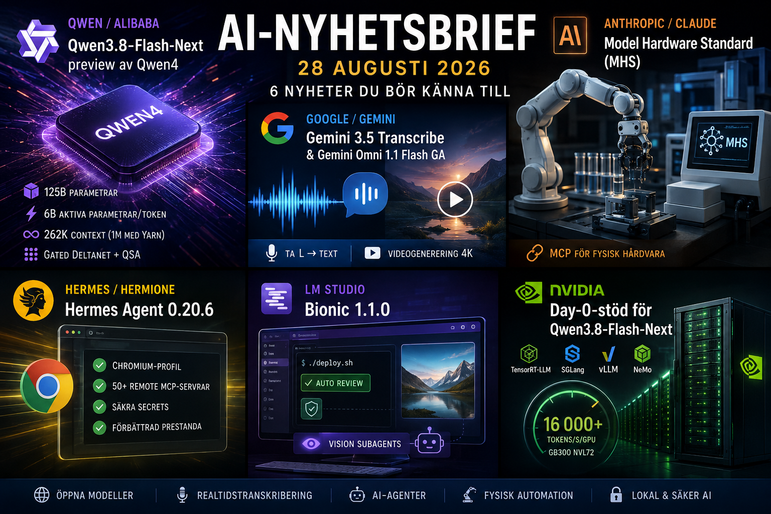 Qwen4, Gemini, Hermes och LM Studio kopplade genom AI-agent, MCP och Model Hardware Standard till lokal AI och fysisk hårdvara.