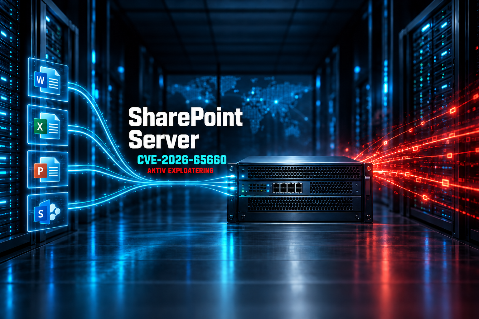 SharePoint Server i en mörk datacentermiljö med cyan dokument- och nätverksflöden samt röd hottrafik. CVE-2026-65660 och aktiv exploatering markeras.