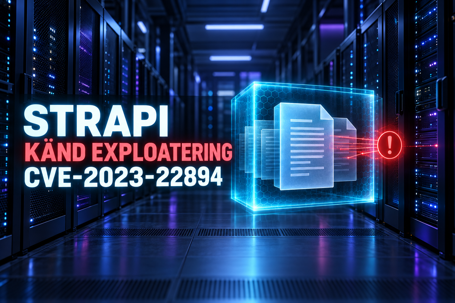 Filmiskt datacenter med konceptuell skyddsgräns för innehållstjänst, märkt Strapi, känd exploatering och CVE-2023-22894.